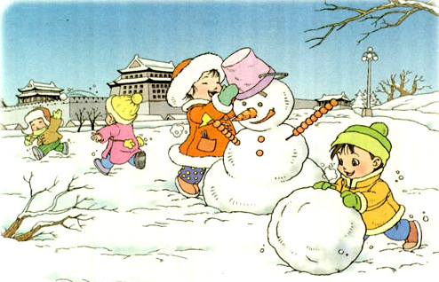 小伙伴们在雪地上堆雪人,打雪仗,玩得可高兴了!